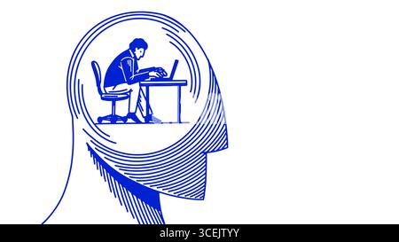 A head with a businessman sitting and working inside. Concept of creative thinking and idea development. Mind or brain metaphor Stock Vector