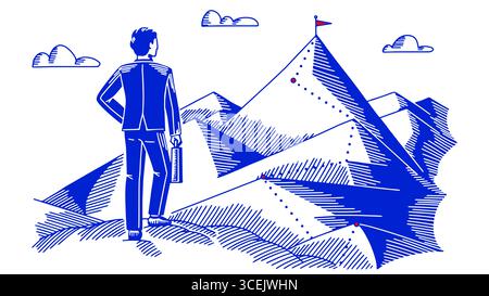 A businessman in suit standing in front of the mountains looking for the path to the top of his career of company opportunities. Concept for finance Stock Vector