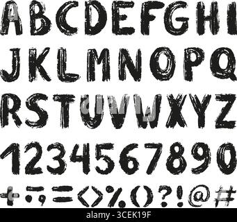 Ink grunge alphabet. Brush drawing roman letters, numbers and punctuation marks. Ink abc design set for banners, posters, cards, neoteric vector Stock Vector