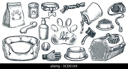 Pet shop icons set. Vector hand drawn sketch illustration of dog and cat food, toys and accessories. Design elements for veterinary clinic, pet store, Stock Vector