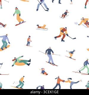 Winter sport seamless pattern. Adults children sledding skiing skates. Outdoor seasonal activities characters. Stylish print design, vector background Stock Vector
