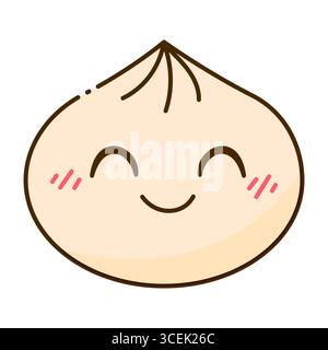 Cute Baozi Character with Closed Eyes and Happy Smiling Face Isolated on White. Traditional Chinese Dumpling Outline Character Illustration Stock Vector