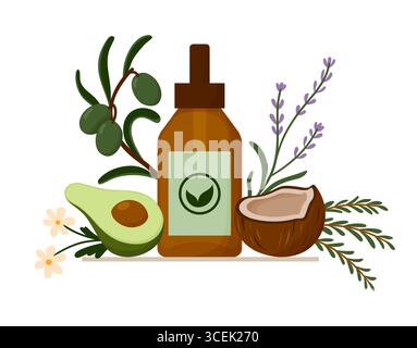 Natural Eco Cosmetics Glass Dropper Bottle with Organic Ingredients Around It. Avocado, Olives, Coconut, Rosemary, Chamomile. Clean Beauty Concept Stock Vector