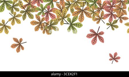Colorful autumn chestnut leaves are gently falling against a clean white backdrop, creating a seamless border, perfect for autumn themed designs Stock Vector