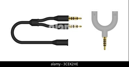 Black audio splitter cable with two male 3.5 mm jacks and one female 3.5 mm jack and a u shaped headphone microphone splitter adapter are laying on a Stock Vector