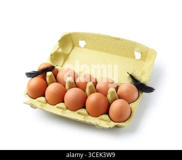 Raw chicken eggs and feathers in egg carton isolated on white Stock Photo
