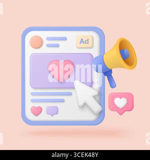 3d style social media ad interface with heart icon, cursor, and megaphone representing online engagement and digital marketing vector illustration Stock Vector
