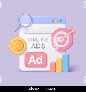 3D style online advertising interface with target, coin, magnifier, and analytics bar, representing digital marketing and social media ads strategy vector illustration Stock Vector