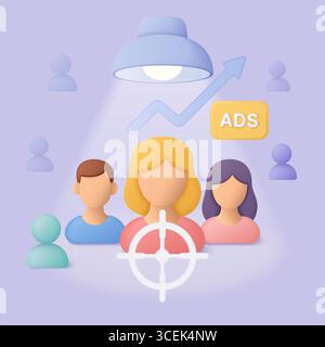 Digital marketing concept showing targeted advertising with 3D people, spotlight, ads icon, and upward graph for audience segmentation and campaign strategy vector illustration Stock Vector