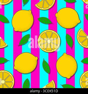 Vibrant seamless pattern featuring whole lemons, lemon slices, and green leaves on a bold pink and cyan striped background Stock Vector