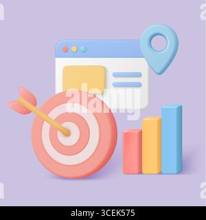3D style bullseye target with arrow, bar chart, location pin, and web interface elements representing digital marketing and data analysis vector illustration Stock Vector
