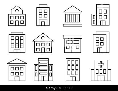 city-municipal-and-residential-buildings-blueprint-style-icon-set