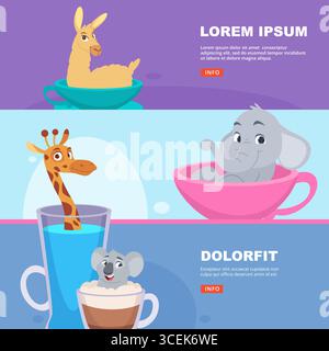 Animal in mugs. cartoon happy funny animals sitting and relaxing in coffee cups. ads banners template Stock Vector