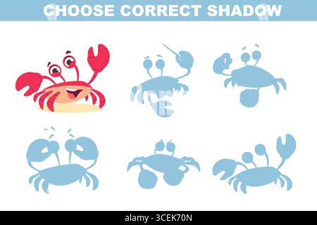 Crab shadows. choice correct silhouettes of funny crab in different poses Stock Vector