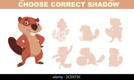 Beaver silhouettes. choice correct shadows from cartoon animals beavers in action poses Stock Vector