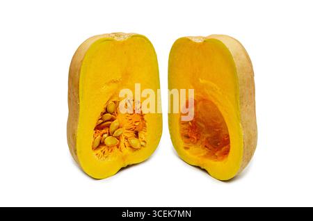A fresh butternut squash cut in half, revealing its vibrant orange flesh and seeds, isolated on a clean white background Stock Photo