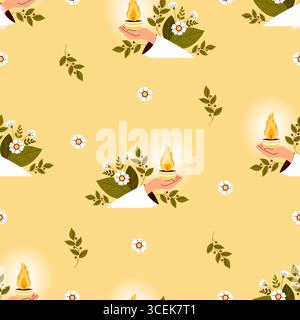 Religion Seamless Pattern. Sacred Flame. Vigil Lamp in Hand with Sacred Flame with Flowers on yellow Background with leaves. Vector Illustration. Spir Stock Vector