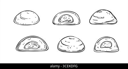 Black and white vector set of mochi in various shapes. Whole, halved daifuku clip art. Traditional Asian dessert, sweet candies. For packaging Stock Vector