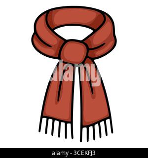 A vector illustration of a terracotta colored scarf, tied in a simple knot, featuring a hand drawn style with bold black outlines and textured fringe Stock Vector