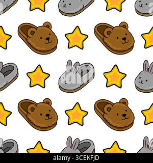 Seamless vector pattern featuring adorable cartoon bear and bunny slippers interspersed with bright yellow stars, creating a playful and cheerful desi Stock Vector
