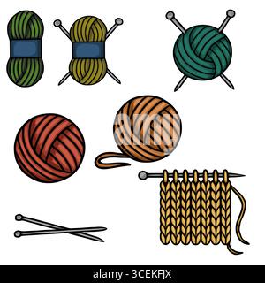 A vibrant vector illustration showcasing various balls of yarn in diverse colors, accompanied by knitting needles and a segment of knitted fabric, all Stock Vector