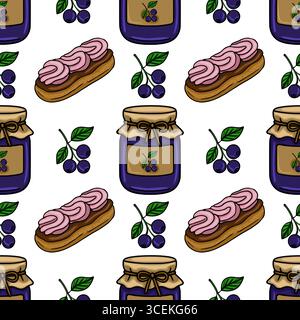 Seamless vector pattern featuring hand drawn illustrations of blueberry jam in a jar, eclairs with pink cream, and fresh blueberries, creating a sweet Stock Vector