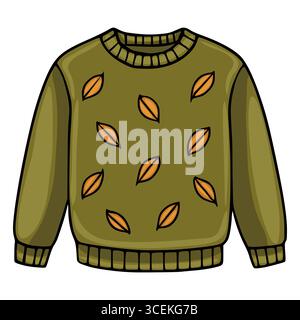 Vector illustration of an olive green sweater with a simple, repeating pattern of stylized orange leaves, perfect for autumn fashion designs. Stock Vector