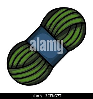 A vector illustration of a dark green ball of yarn with a dark blue label, presented in a hand drawn style with bold outlines, ideal for craft project Stock Vector