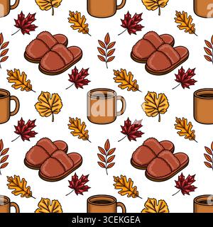 Cozy Autumn Vibes: A Seamless Vector Pattern Featuring Slippers, Coffee Mugs, and Autumn Leaves in Warm Brown and Orange Hues. Stock Vector