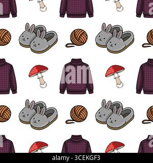 Seamless vector pattern featuring cozy autumn elements: a maroon knitted sweater, cute bunny slippers, a ball of yarn, and a fly agaric mushroom, crea Stock Vector