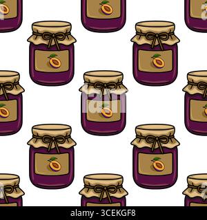 Seamless vector pattern of plum jam jars with kraft paper lids and labels featuring a plum half illustration, creating a rustic and delicious design. Stock Vector