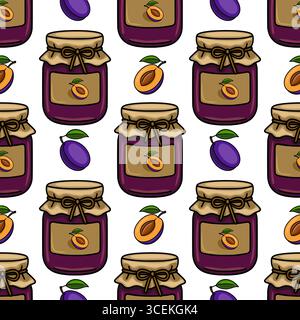 Seamless vector pattern of plum jam jars with hand drawn style illustrations of plums and half plums, featuring a rustic design with kraft paper lids Stock Vector