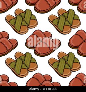 Seamless vector pattern featuring stylish slippers in terracotta and olive green, ideal for textile design or home decor projects. Stock Vector