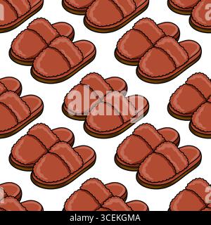 Seamless vector pattern of cozy terracotta colored fluffy slippers, ideal for textile design or winter themed backgrounds. Stock Vector