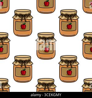 Seamless vector pattern of apple jam jars with kraft paper lids and tied bows, featuring hand drawn style illustrations in warm orange and brown tones Stock Vector