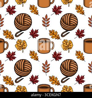 Cozy Autumn Vibes: A Seamless Vector Pattern Featuring Coffee Mugs, Yarn Balls, Crochet Hooks, and Autumn Leaves in Warm Brown and Orange Hues. Stock Vector