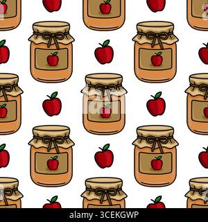 Seamless vector pattern of apple jam jars and fresh apples, featuring a charming hand drawn style with warm autumnal colors and a rustic feel, perfect Stock Vector