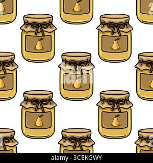 Seamless vector pattern of hand drawn pear jam jars with kraft paper lids and tied bows, creating a rustic and charming design ideal for kitchen texti Stock Vector
