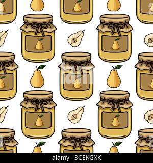 Seamless vector pattern of pear jam jars, whole pears, and pear halves, creating a delightful and rustic kitchen themed design. Stock Vector