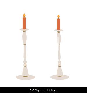 Clip art of two lit candles on elegant holders flickering gently. Stock Vector