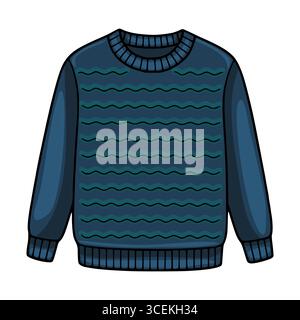 Stylish vector illustration of a dark blue childrens sweater with a wavy teal pattern, detailed cuffs and neckline. Stock Vector