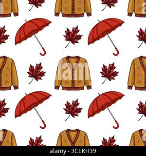 Seamless vector pattern featuring a cozy autumn design with red umbrellas, mustard yellow cardigans, and falling red maple leaves on a white backgroun Stock Vector