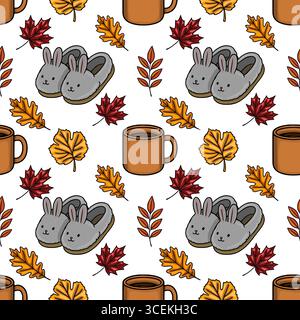 Cozy Autumn Seamless Vector Pattern: A charming illustration featuring bunny slippers, warm mugs, and vibrant autumn leaves, perfect for fall themed d Stock Vector