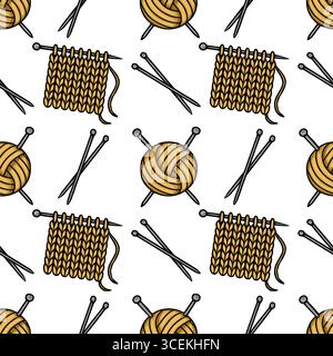 Seamless vector pattern featuring hand drawn illustrations of golden yarn balls, knitting needles, and knitted fabric swatches, creating a cozy and te Stock Vector