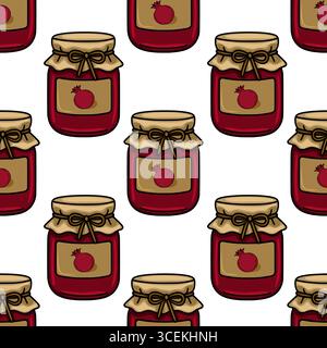 Seamless vector pattern featuring charming illustrations of pomegranate jam jars with kraft paper lids and tied bows, creating a rustic and appetizing Stock Vector