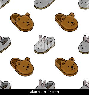 Seamless vector pattern featuring adorable brown bear and grey bunny slippers, perfect for kids textile design or cozy home decor. Stock Vector