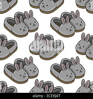 Seamless vector pattern of cute gray bunny slippers, perfect for kids apparel, home decor, or textile design, featuring a playful and charming illustr Stock Vector
