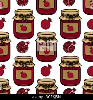 Seamless vector pattern featuring charming illustrations of pomegranate jam jars and pomegranate fruit slices, creating a delightful and appetizing de Stock Vector