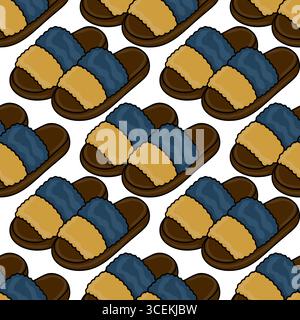 Seamless vector pattern of stylish fluffy slippers in mustard yellow and dark blue, perfect for home decor or textile design. Stock Vector
