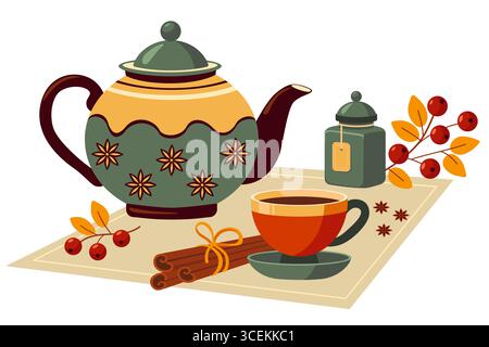 Teapot, cup, berries, cinnamon and herbs. Autumn hot tea. Home comfort. Stock Vector